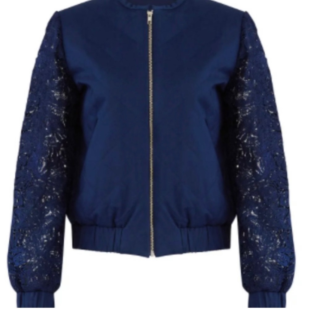 AMUR Navy Blue Bomber Jacket with Textured Lace Sleeves